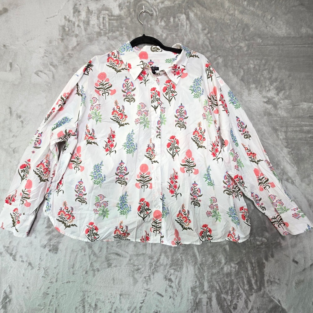 Talbots Plus 2X Floral Cotton Button Down Shirt White Pink Block Print ID6903
